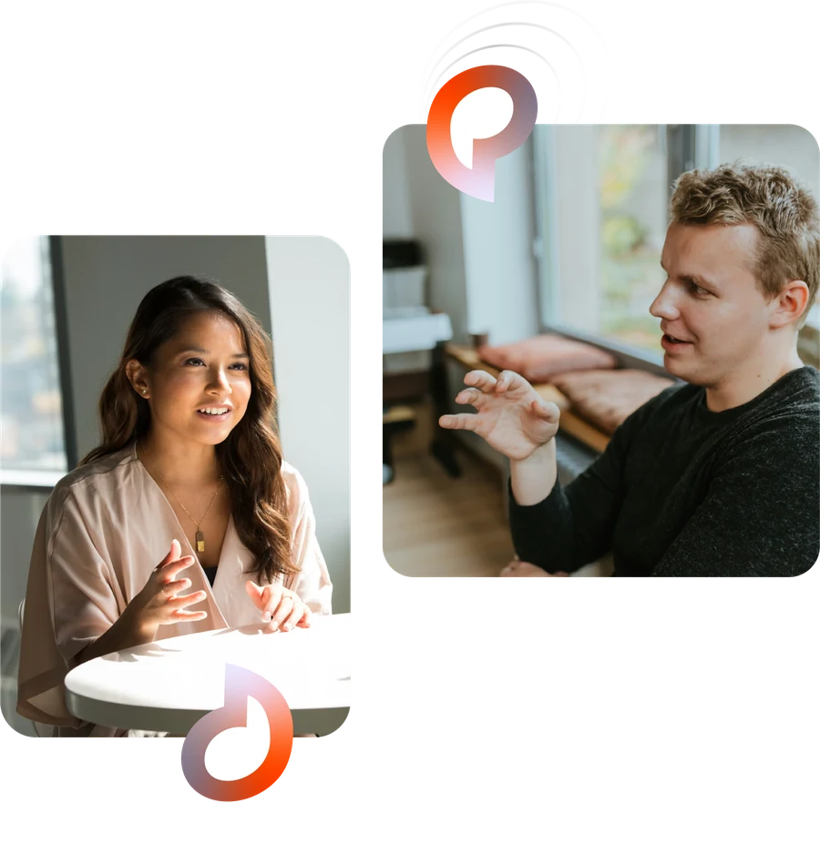 Two people in conversation, with the Proov'd mark